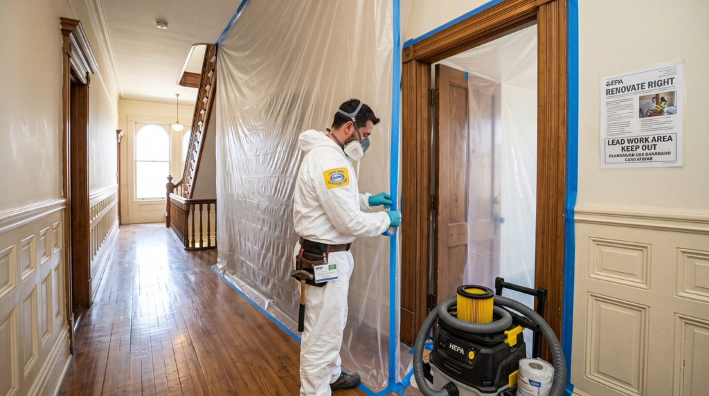 Contractors implementing EPA lead-safe renovation containment barriers in an occupied residential hallway.